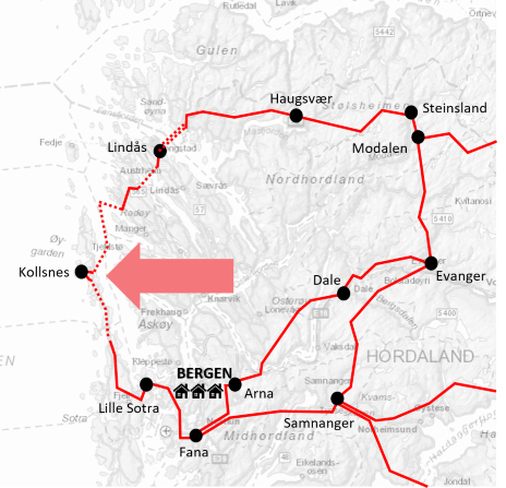 Kart som viser oppgradering til 420 kV (markert som rødt) og ny forbindelse til Kollsnes. Oppgradering av  Sogndal-Modalen vises ikke i kartet.