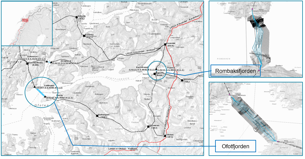 Kart over området der ledningen skal gå, mellom Ofotfjorden og Rombakfjorden