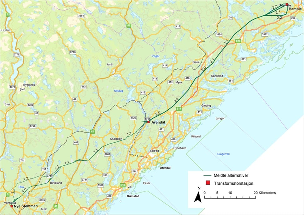 Kart over strømforsyning Stemmen-Arendal-Bamble