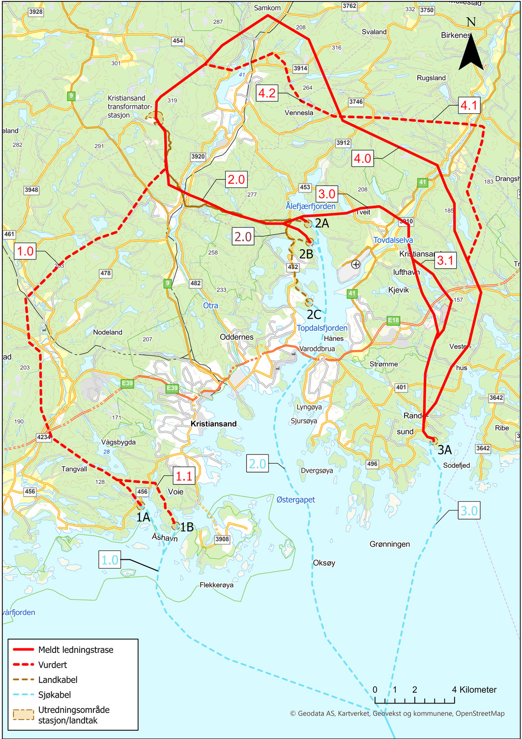 Kart over traseer som meldes for skagerak 1 og 2