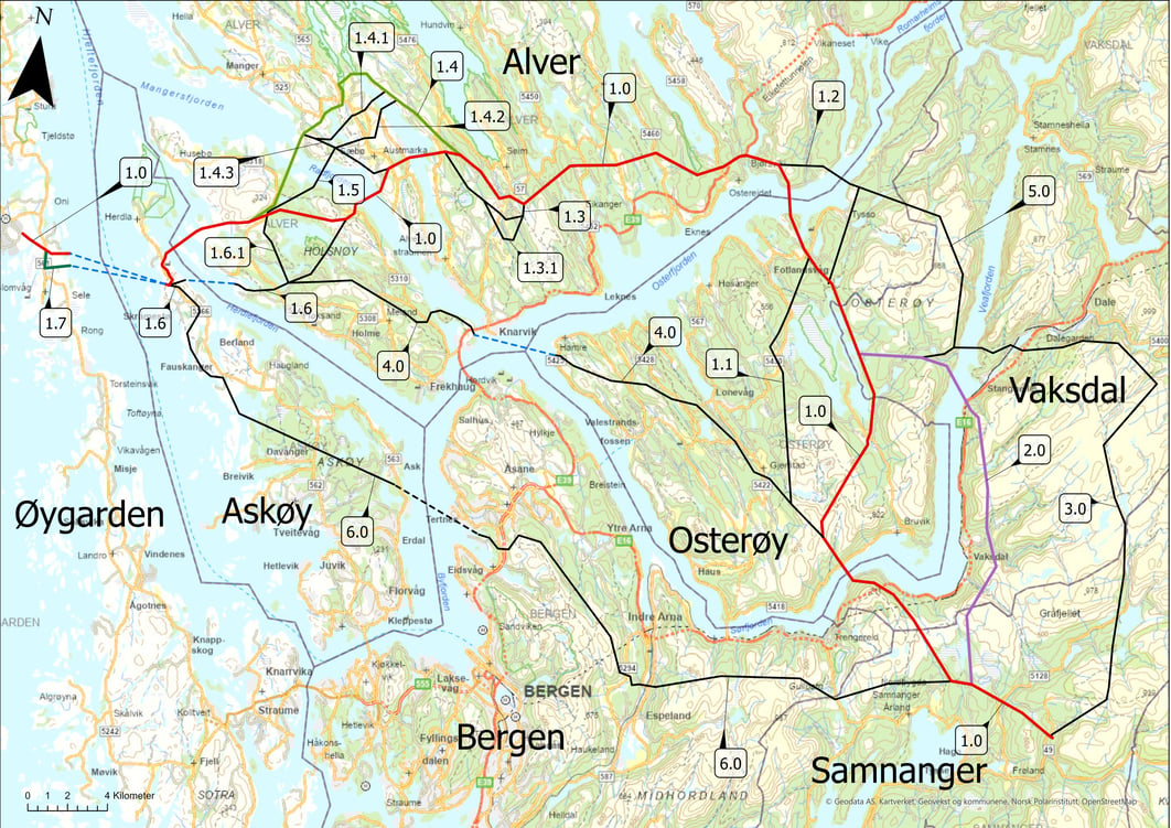 Bildet viser alternativer for ny forbindelse mellom Samnanger og Øygarden