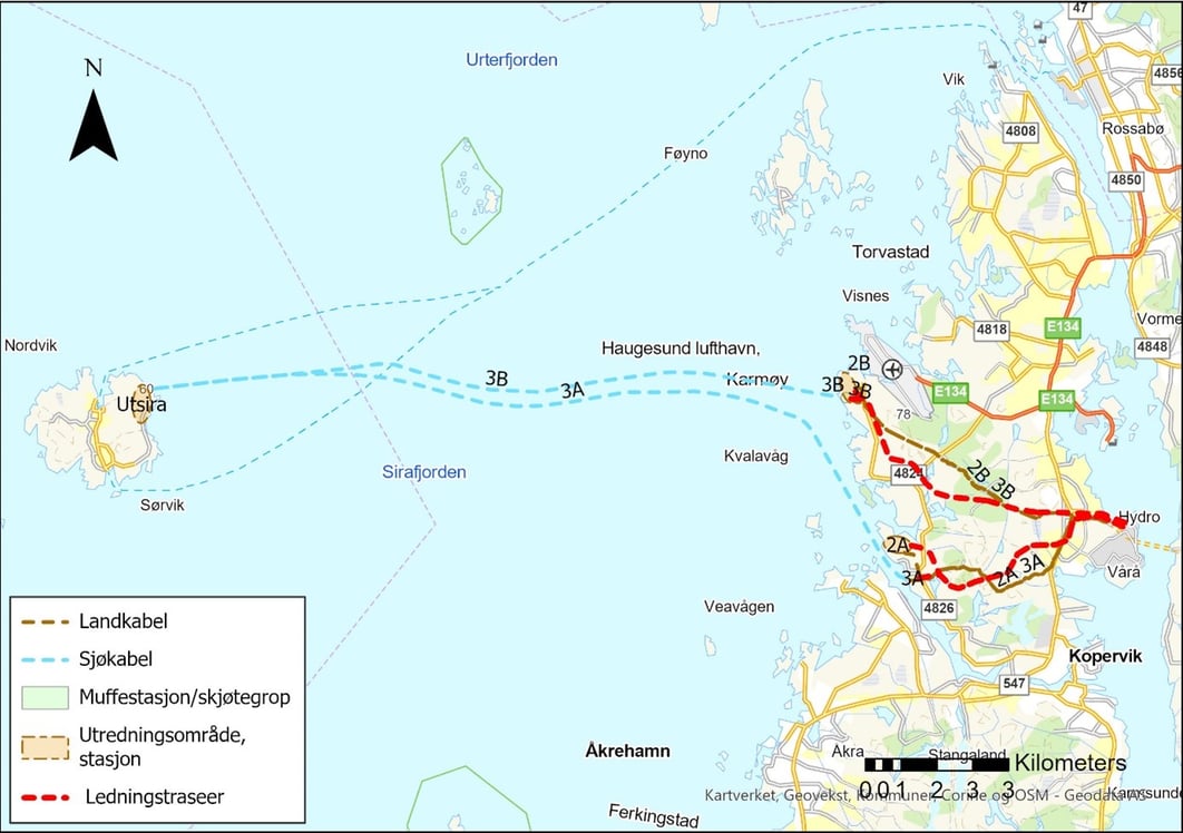 Oversiktskart for Statnetts forslag til samordnet nettløsning for tilknytning av havvindområdet Utsira Nord til land.