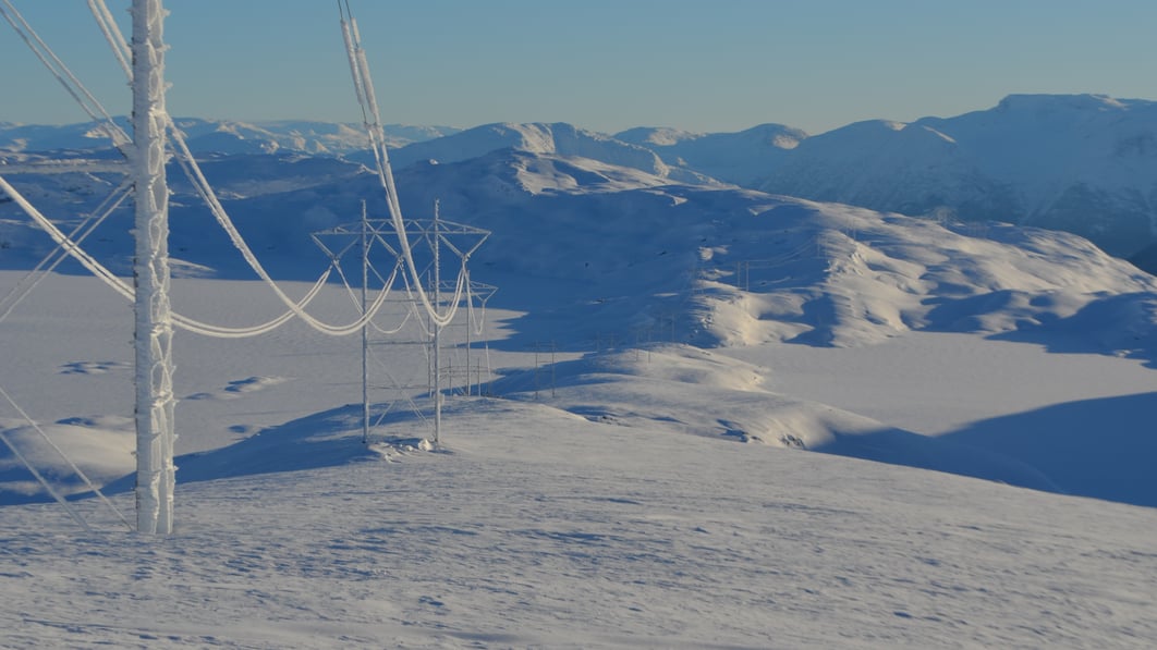 Masts and wires in a snowy landscape