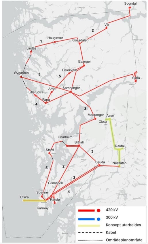 Kart som viser trinnvis utbygging i områdeplan Bergensområdet og Haugalandet