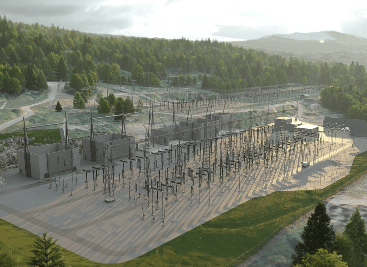 Visualisering av en utvidet transformatorstasjon omgitt av skog og kupert terreng