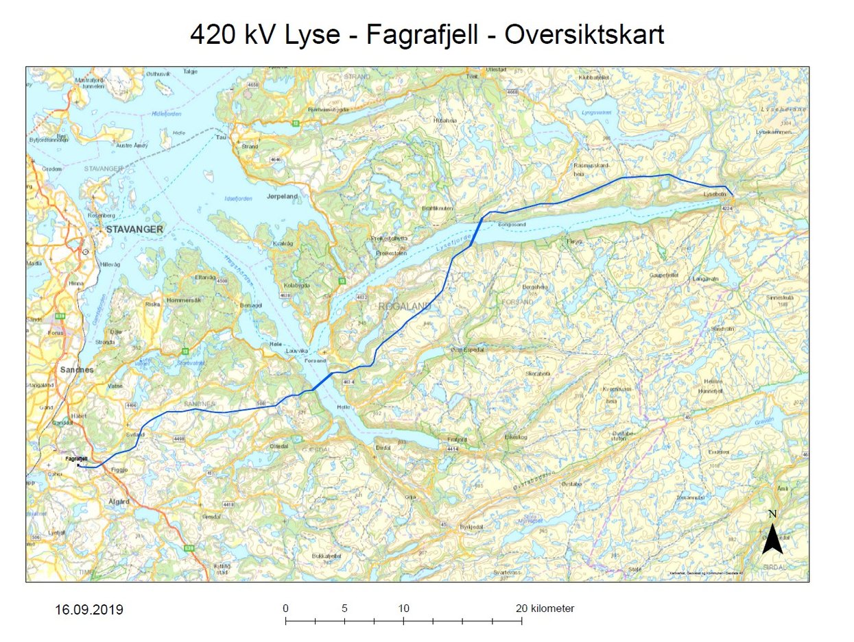 Kart som viser trasèen Lyse-Fagrafjell