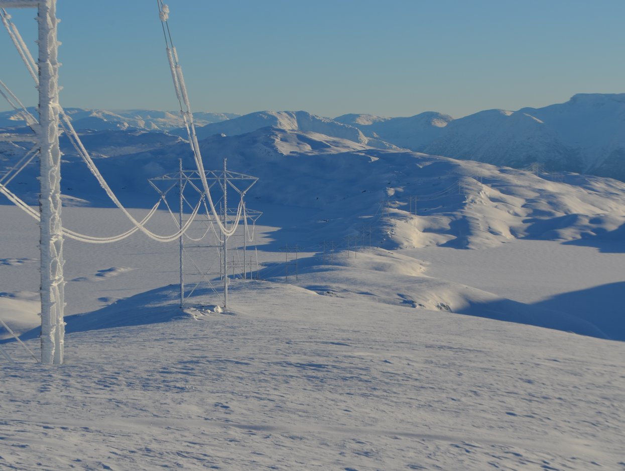 Masts and wires in a snowy landscape