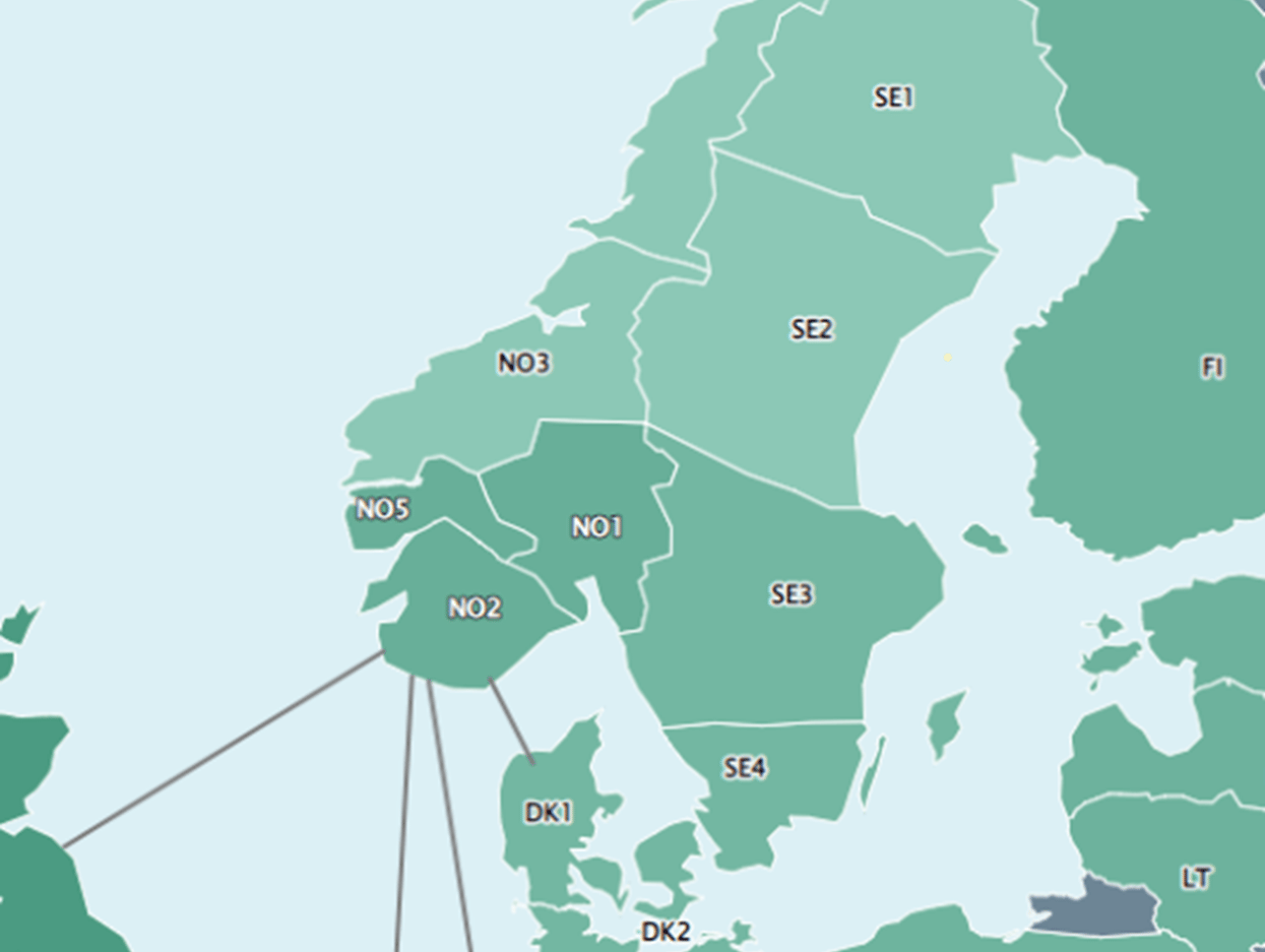Kart over Norden delt inn i prisområder 