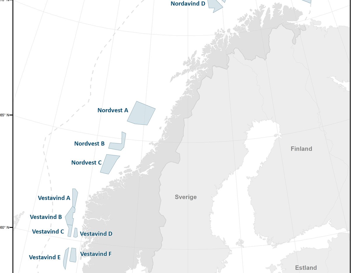 Kartet viser områder langs norskekysten der man vil se nærmere på om det er mulig å bygge havvind. Tegning.
