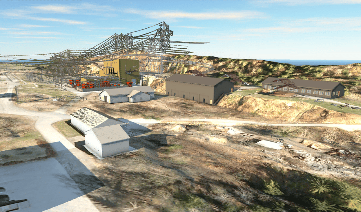 Bilde fra 3D-modell av nytt kontrollhus, garasje/verksted og oppmøtebygg sett fra sør. Arealene rundt bygningene vil bli planert og asfaltert, men det kommer ikke frem av modellen. Bygningen i bildets fremkant er et eksisterende bygg.