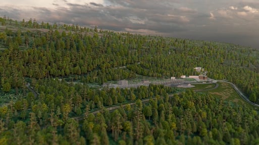 Transformatorstasjon midt en skog med masse grønn skog. 