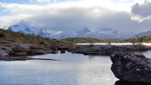 Strømmaster ved et vann med fjell og skog rundt 