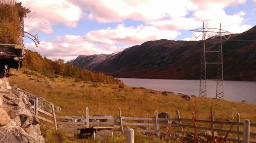 Pylon in front of cottage