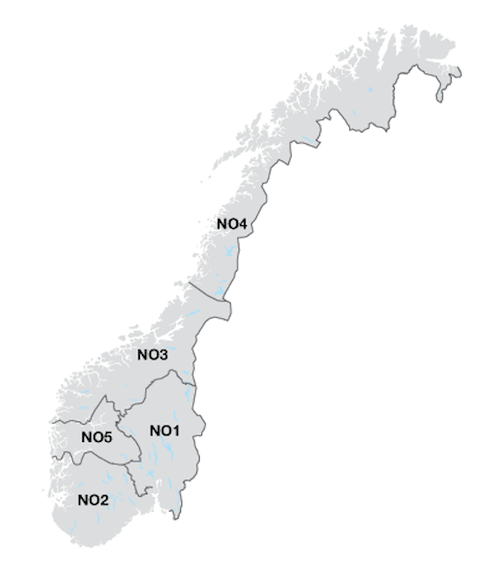 Norges kart inndelt i seks områder 