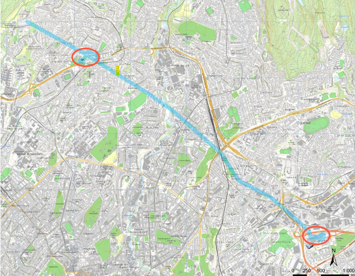 Et bilde som viser kart med ringer rundt Rektorhaugen og Ulven 