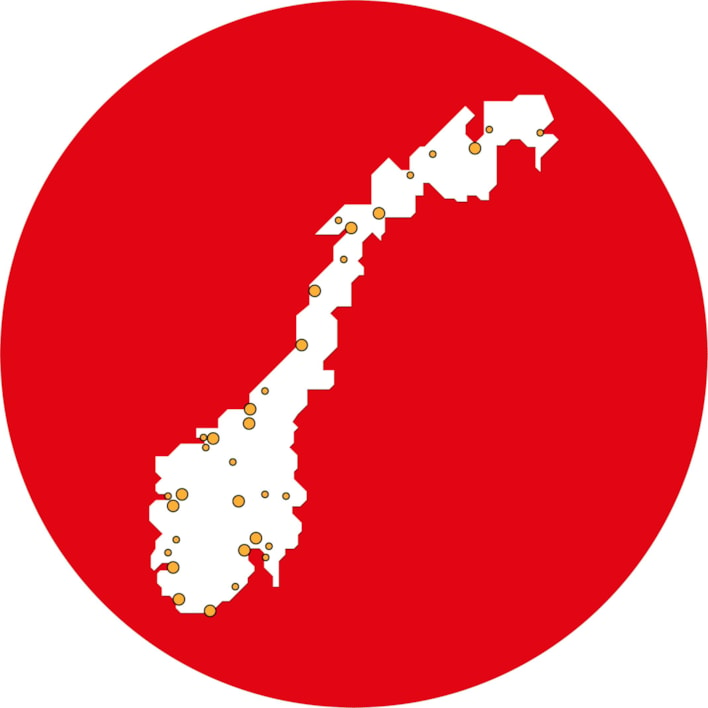 Norgeskart som viser steder hvor folk jobber i Statnett