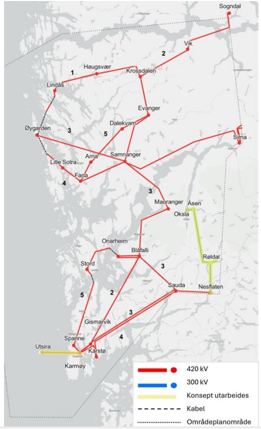 Kart som viser trinnvis utbygging i områdeplan Bergensområdet og Haugalandet