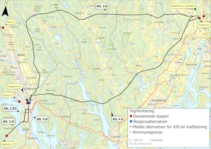 Mellom nye Porsgrunn transformatorstasjon og Tønsberg transformatorstasjon melder Statnett to hovedalternativ, en nordøstlig og en sørøstlig forbindelse. Det meldes fire alternativer for nye Porsgrunn transformatorstasjon. Alle alternativene ligger i nærheten av dagens stasjon.