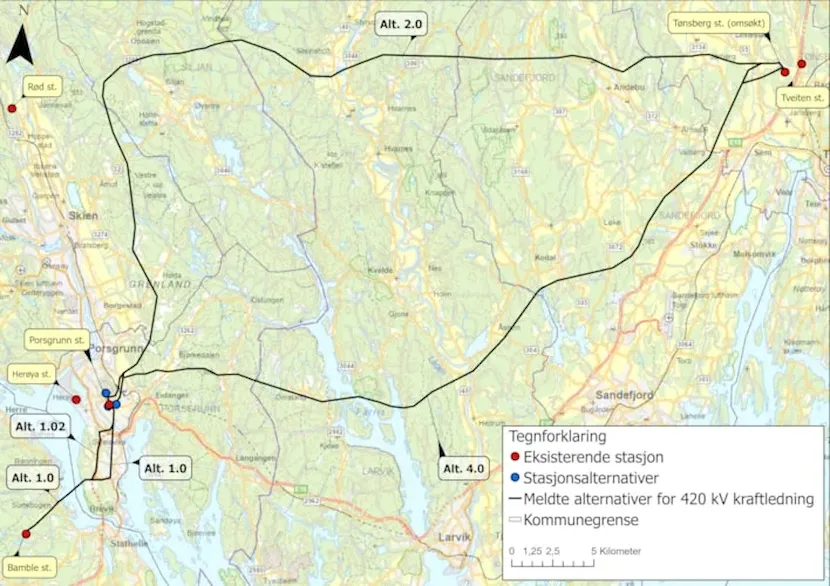 Mellom nye Porsgrunn transformatorstasjon og Tønsberg transformatorstasjon melder Statnett to hovedalternativ, en nordøstlig og en sørøstlig forbindelse. Det meldes fire alternativer for nye Porsgrunn transformatorstasjon. Alle alternativene ligger i nærheten av dagens stasjon.