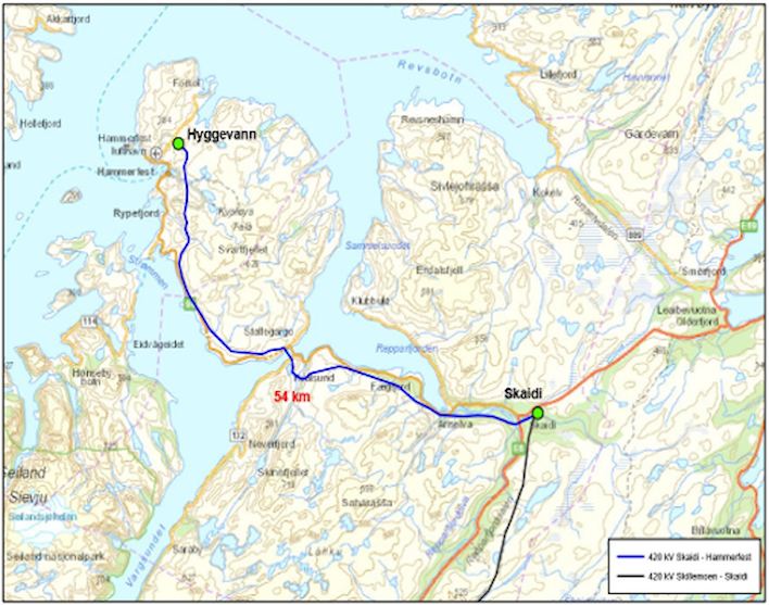 Kart som viser strekningen fra Skaidi til Hammerfest