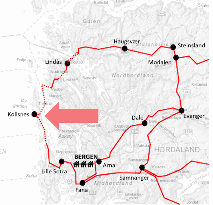 Kart som viser oppgradering til 420 kV (markert som rødt) og ny forbindelse til Kollsnes. Oppgradering av  Sogndal-Modalen vises ikke i kartet.