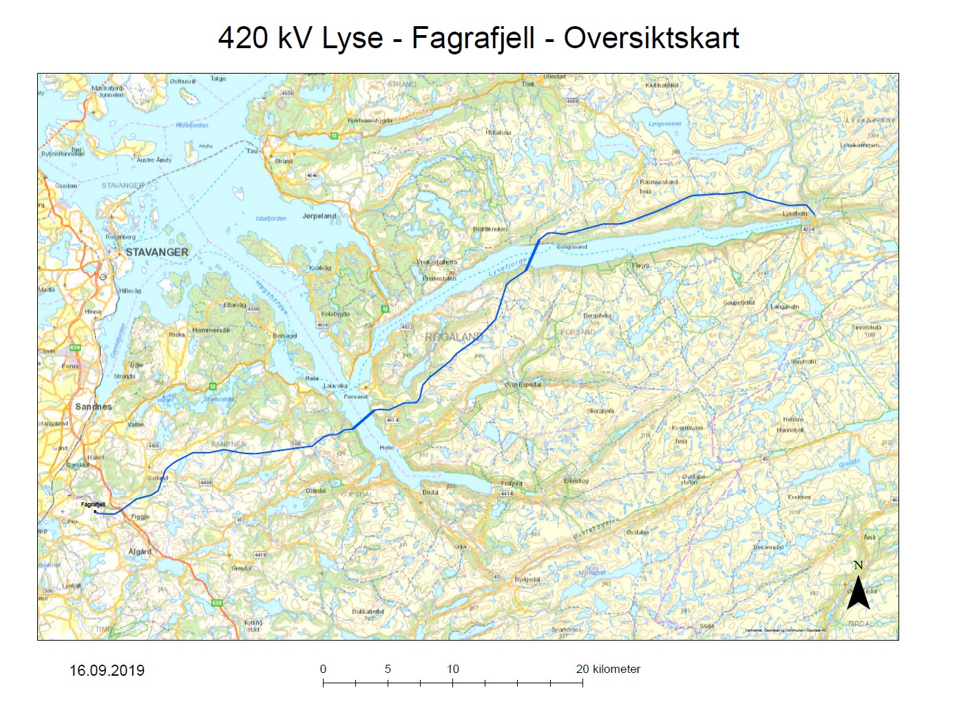 Kart som viser trasèen Lyse-Fagrafjell