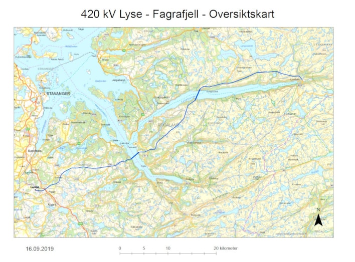Kart som viser trasèen Lyse-Fagrafjell