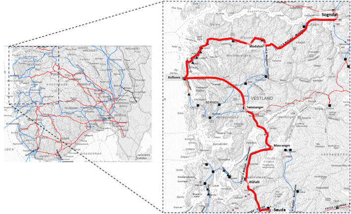 Kart som viser forbindelsen Sogndal-Sauda