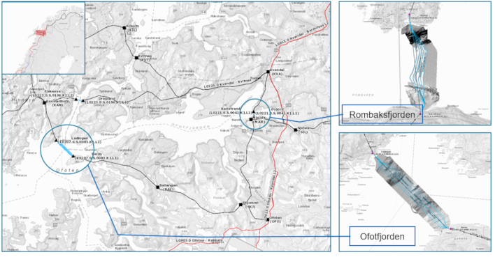 Kart over området der ledningen skal gå, mellom Ofotfjorden og Rombakfjorden
