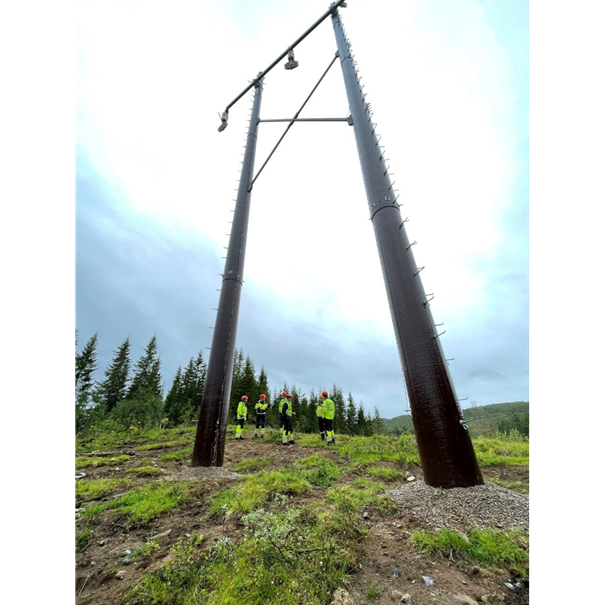Stor svart mast med ansatte i vernetøy under masten 