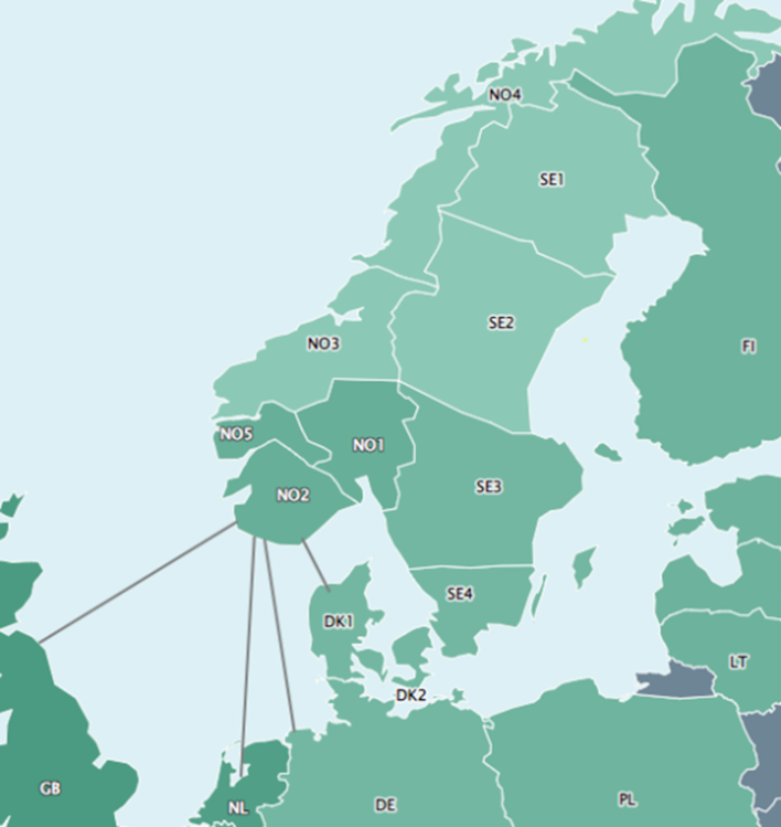 Kart over Norden delt inn i prisområder 