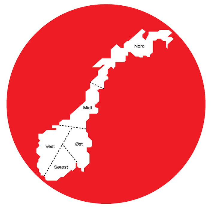 Norgeskart som viser hvilke områder de ulike tilknytningsansvarlige i Statnett har ansvar for.