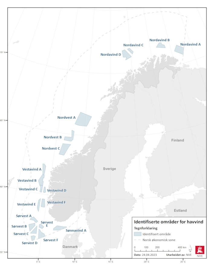Kartet viser områder langs norskekysten der man vil se nærmere på om det er mulig å bygge havvind. Tegning.