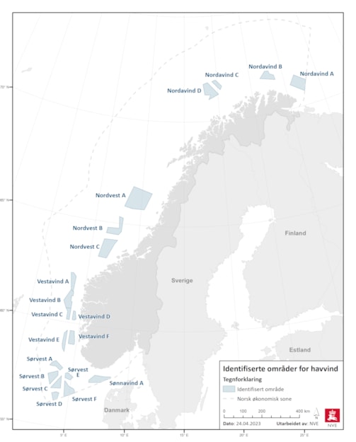 Kartet viser områder langs norskekysten der man vil se nærmere på om det er mulig å bygge havvind. Tegning.