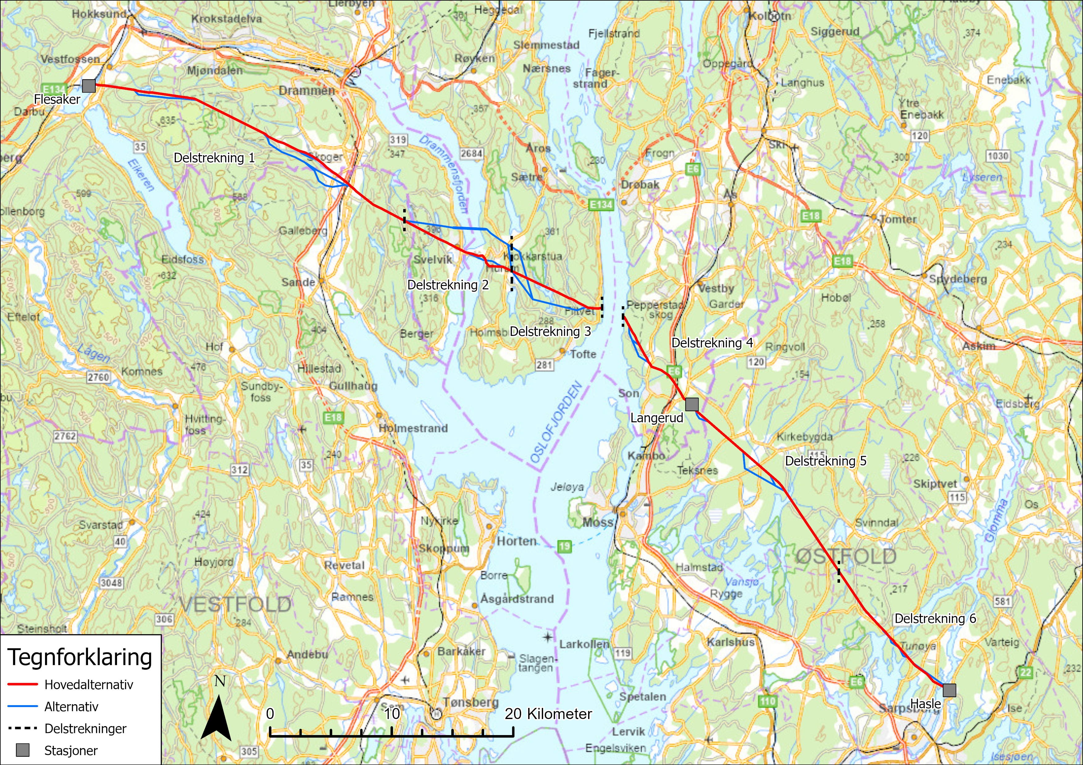 Kart som viser melte ledningstraseer