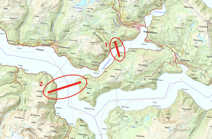Bilde som viser hvor dei nye fjordspenna skal etablerast