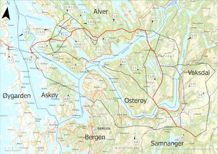 Bildet viser alternativer for ny forbindelse mellom Samnanger og Øygarden