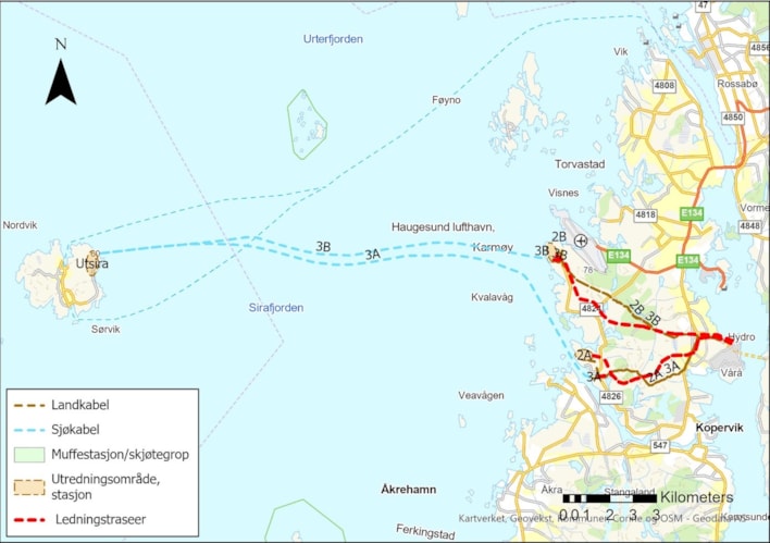 Oversiktskart for Statnetts forslag til samordnet nettløsning for tilknytning av havvindområdet Utsira Nord til land.