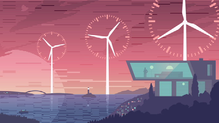Futuristisk bilde med vindmøller og moderne hus