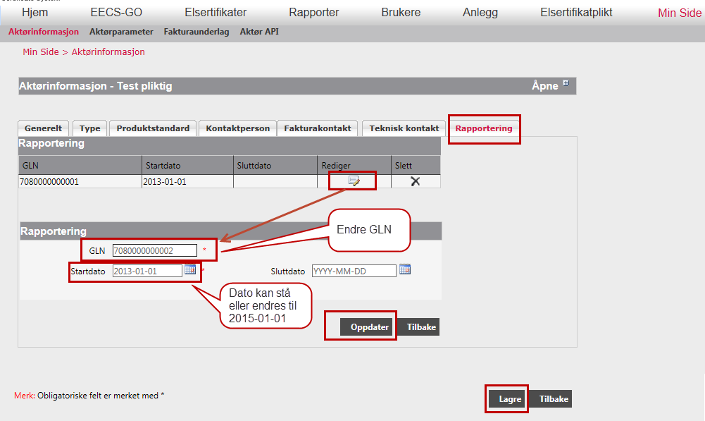 Oppdatering av GLN for regulerkraftaktører i NECS